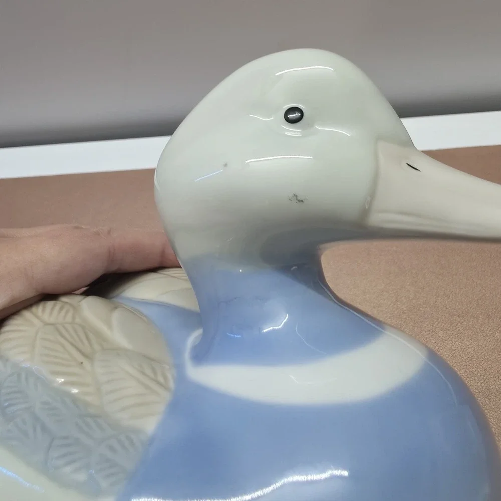 Rare Vintage Glazed Ceramic Blue & White Duck Waterfowl Figurine